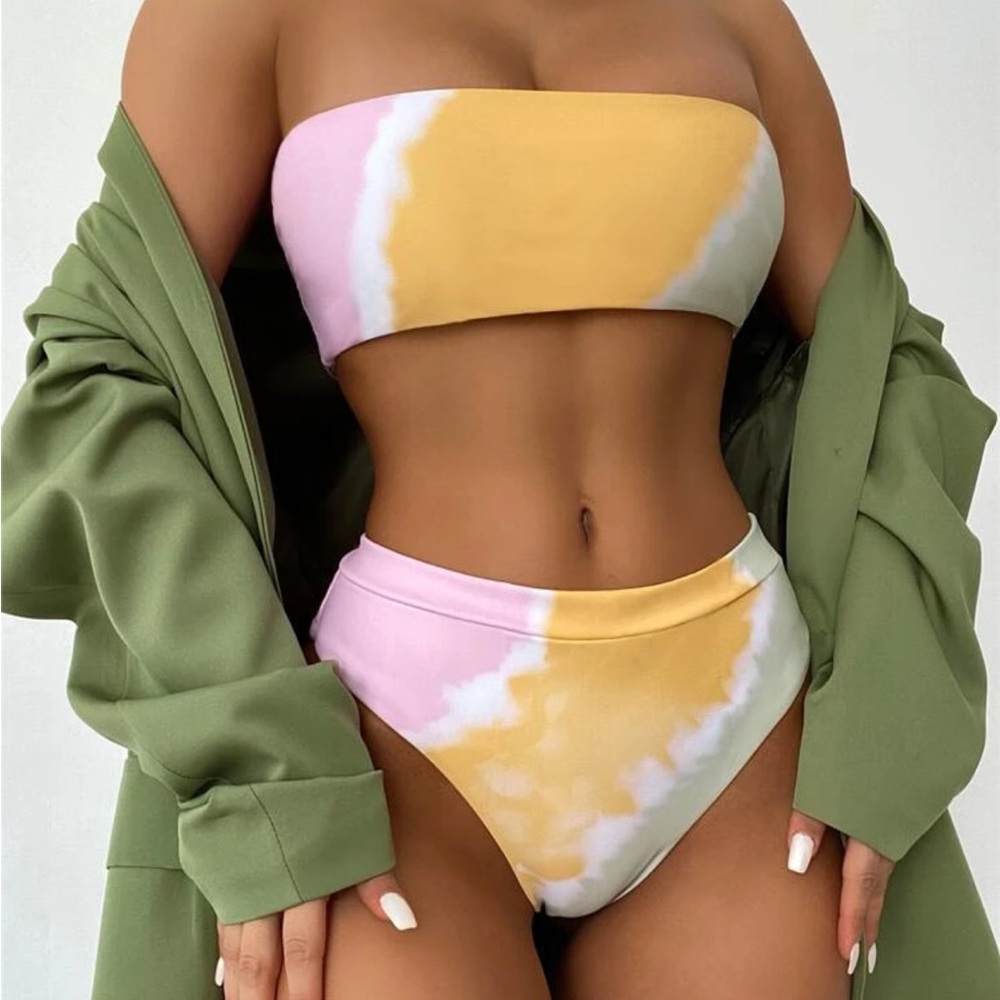 Tie dye pink green yellow high waisted bikini never worn